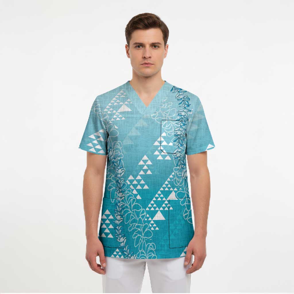 Hawaii Turquoise Kapa Scrub Top Vintage 'Ohe Kāpala Motifs Mix Plumeria Leis