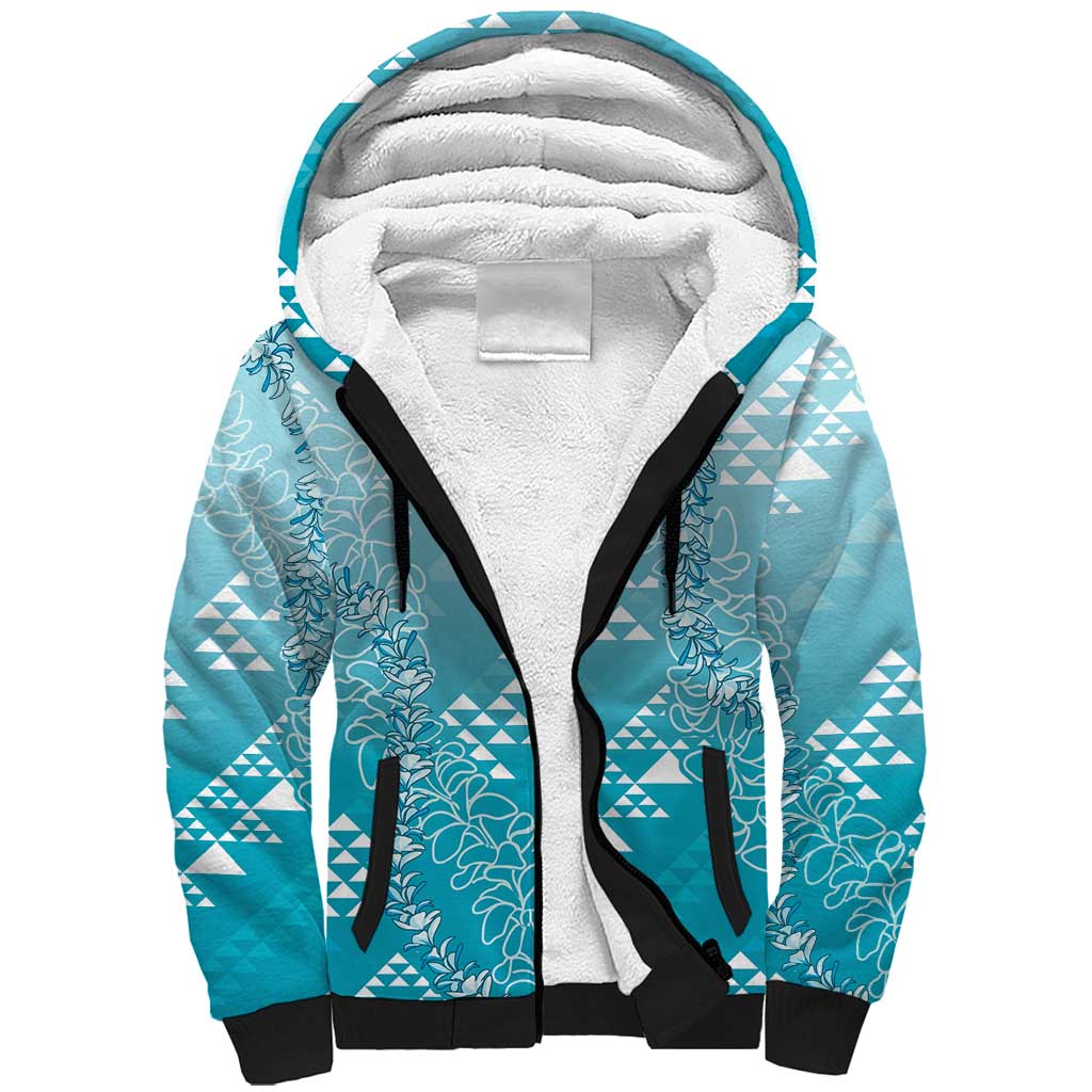 Hawaii Turquoise Kapa Sherpa Hoodie Vintage 'Ohe Kāpala Motifs Mix Plumeria Leis