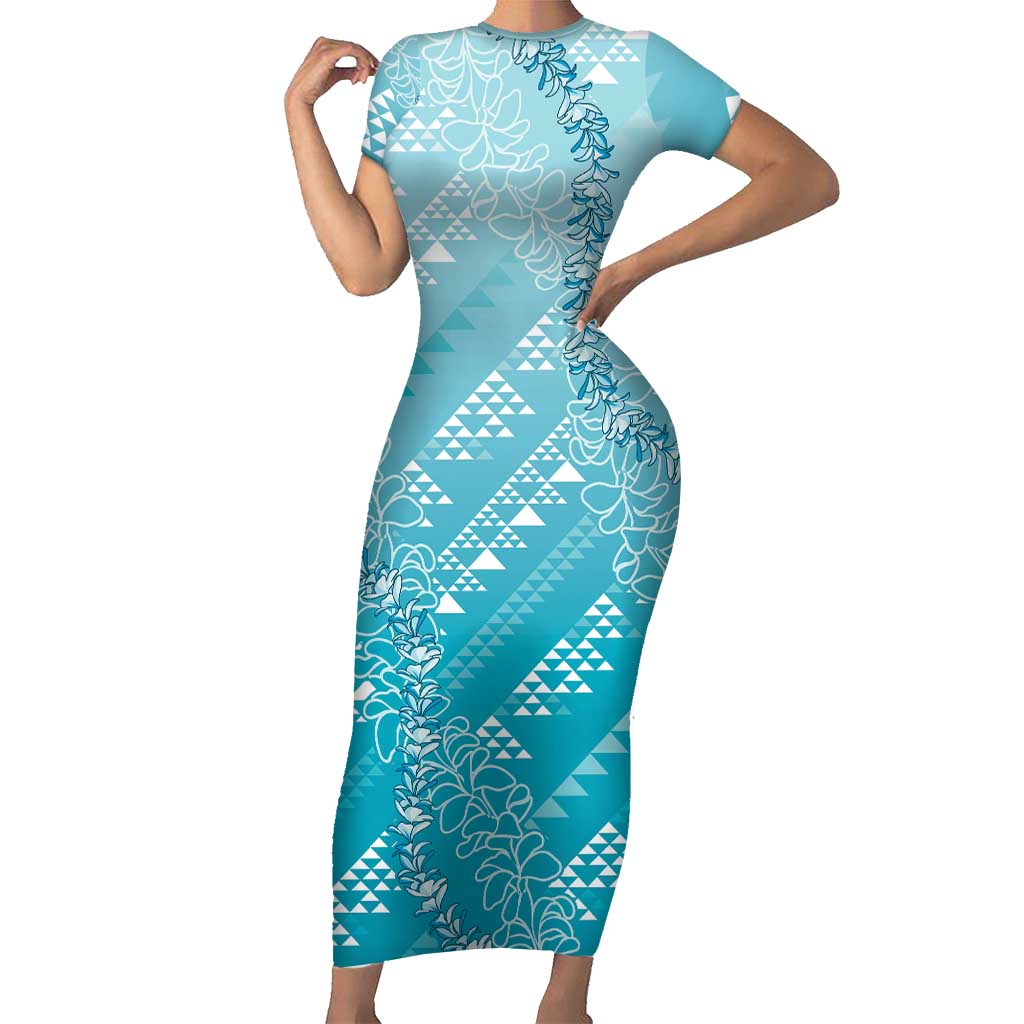 Hawaii Turquoise Kapa Short Sleeve Bodycon Dress Vintage 'Ohe Kāpala Motifs Mix Plumeria Leis