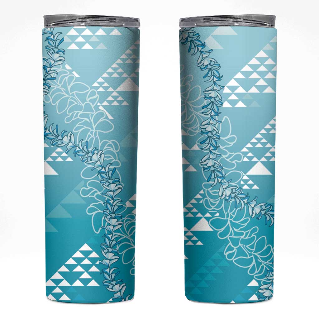 Hawaii Turquoise Kapa Skinny Tumbler Vintage 'Ohe Kāpala Motifs Mix Plumeria Leis
