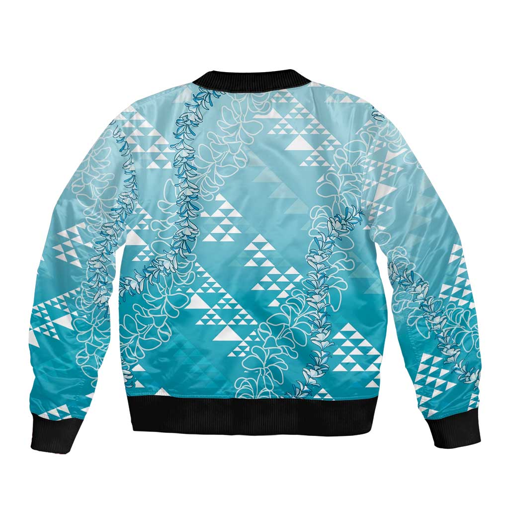 Hawaii Turquoise Kapa Sleeve Zip Bomber Jacket Vintage 'Ohe Kāpala Motifs Mix Plumeria Leis