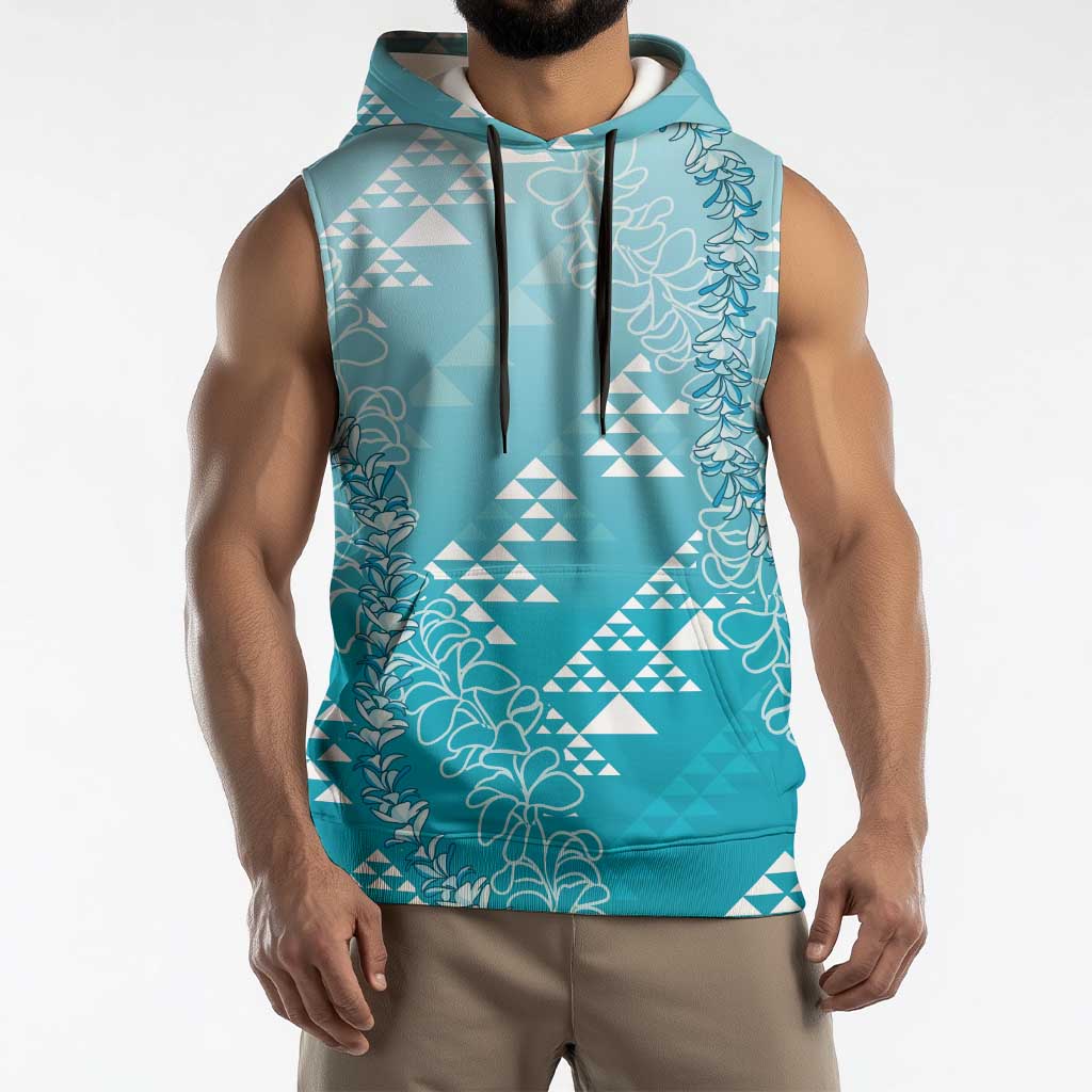 Hawaii Turquoise Kapa Sleeveless Hoodie Vintage 'Ohe Kāpala Motifs Mix Plumeria Leis LT7 - Polynesian Pride
