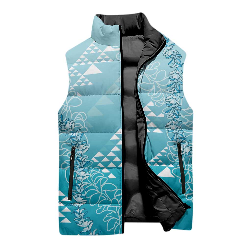 Hawaii Turquoise Kapa Sleeveless Puffer Jacket Vintage 'Ohe Kāpala Motifs Mix Plumeria Leis