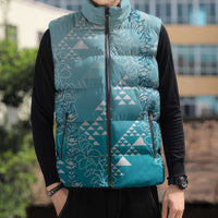 Hawaii Turquoise Kapa Sleeveless Puffer Jacket Vintage 'Ohe Kāpala Motifs Mix Plumeria Leis
