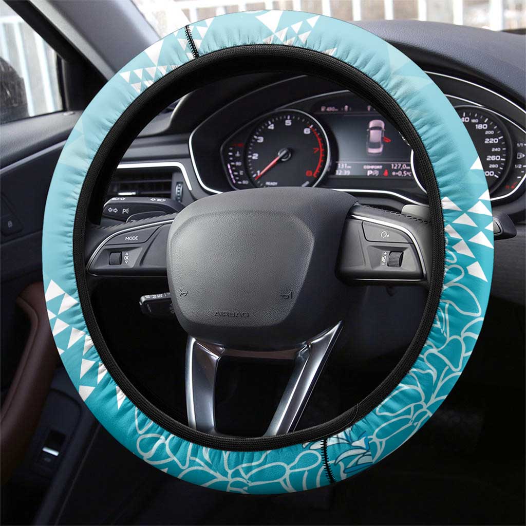 Hawaii Turquoise Kapa Steering Wheel Cover Vintage 'Ohe Kāpala Motifs Mix Plumeria Leis LT7 - Polynesian Pride