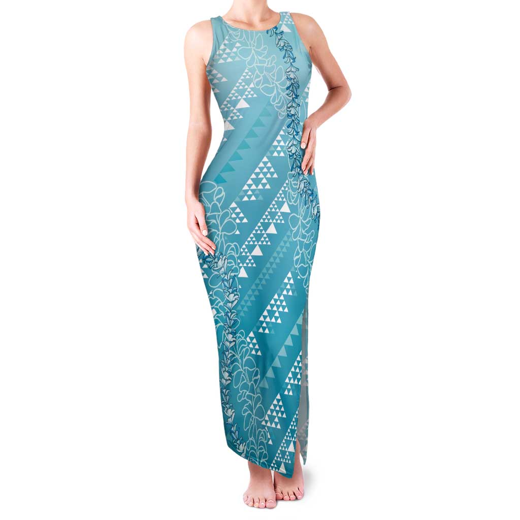 Hawaii Turquoise Kapa Tank Maxi Dress Vintage 'Ohe Kāpala Motifs Mix Plumeria Leis LT7 Women Turquoise - Polynesian Pride