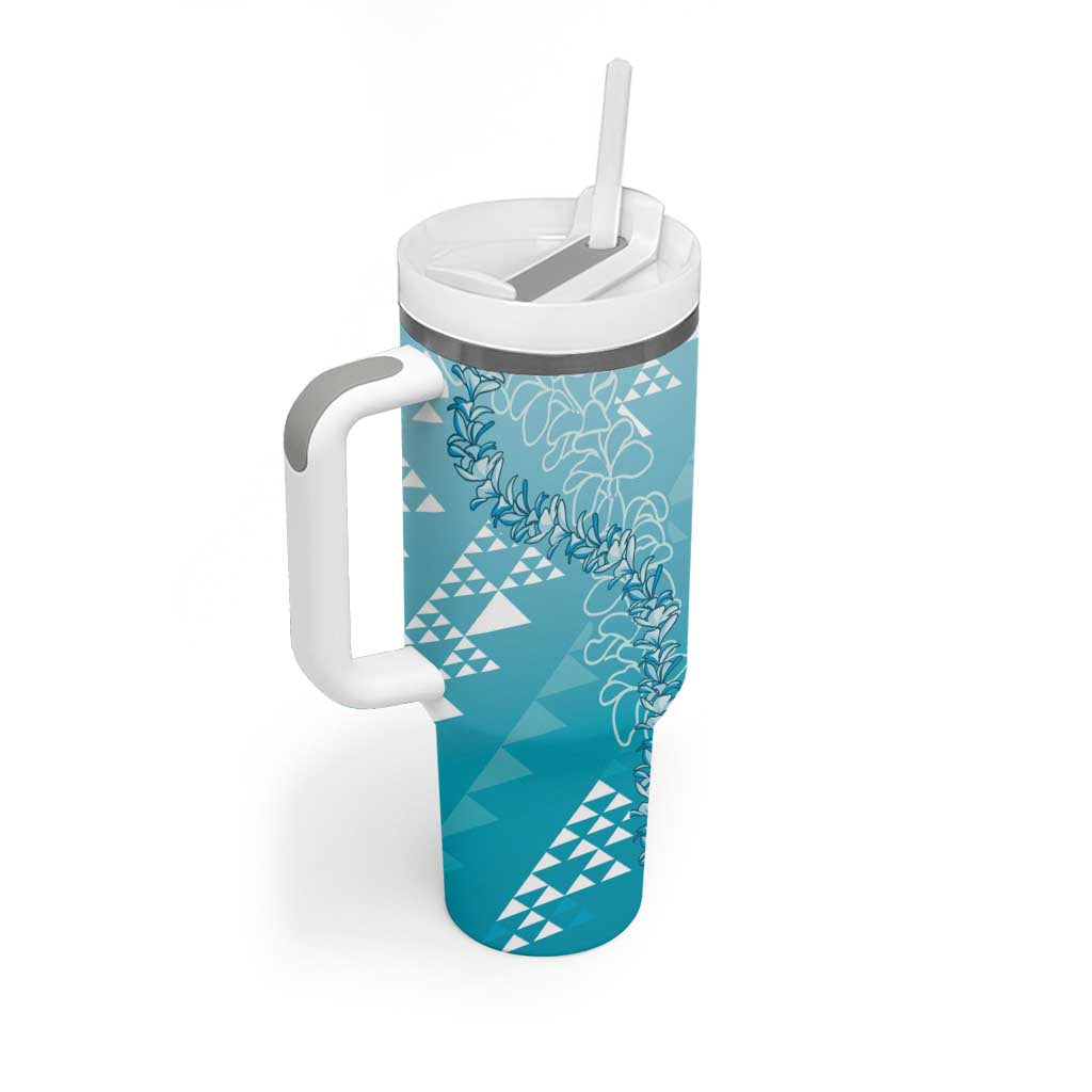 Hawaii Turquoise Kapa Tumbler With Handle Vintage 'Ohe Kāpala Motifs Mix Plumeria Leis LT7 - Polynesian Pride