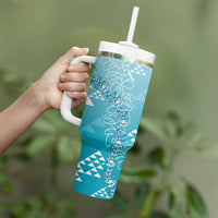 Hawaii Turquoise Kapa Tumbler With Handle Vintage 'Ohe Kāpala Motifs Mix Plumeria Leis LT7 - Polynesian Pride