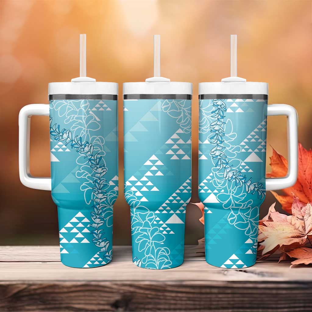 Hawaii Turquoise Kapa Tumbler With Handle Vintage 'Ohe Kāpala Motifs Mix Plumeria Leis LT7 - Polynesian Pride