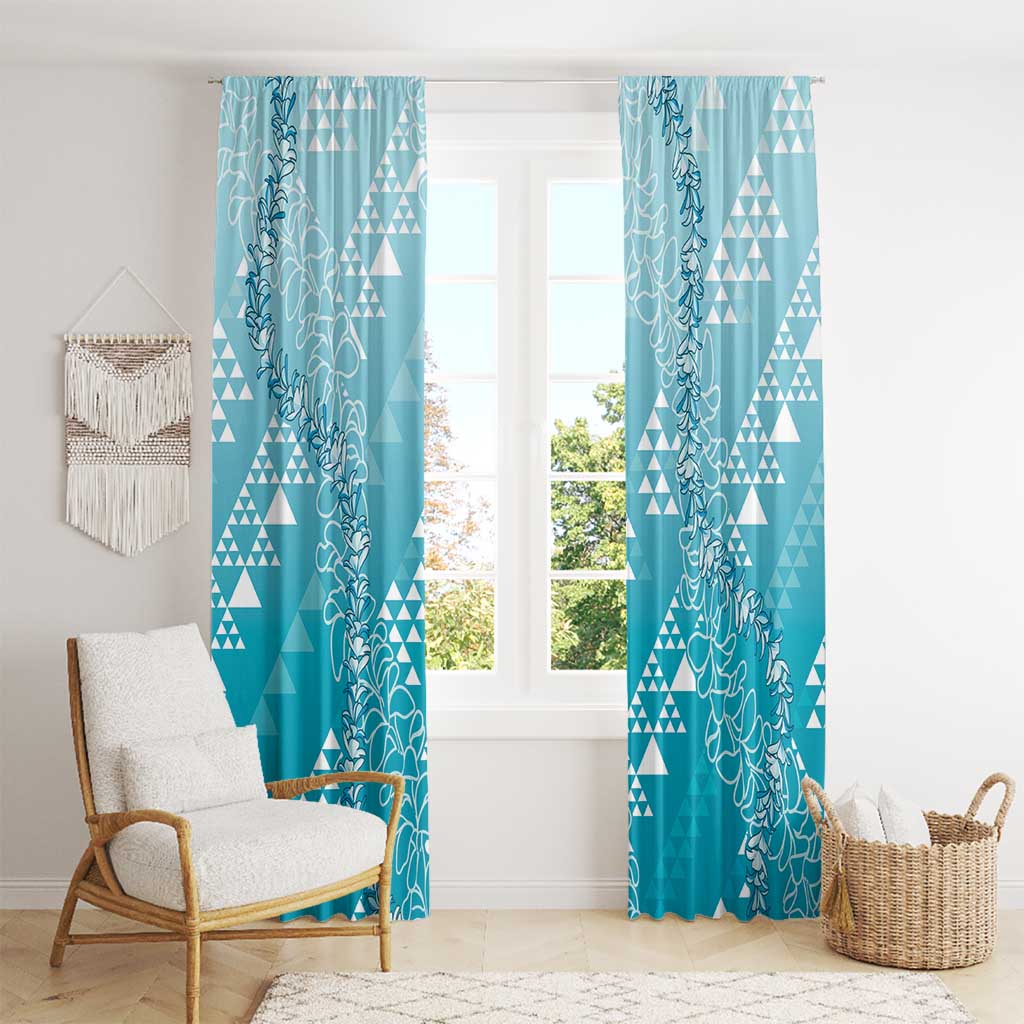 Hawaii Turquoise Kapa Window Curtain Vintage 'Ohe Kāpala Motifs Mix Plumeria Leis