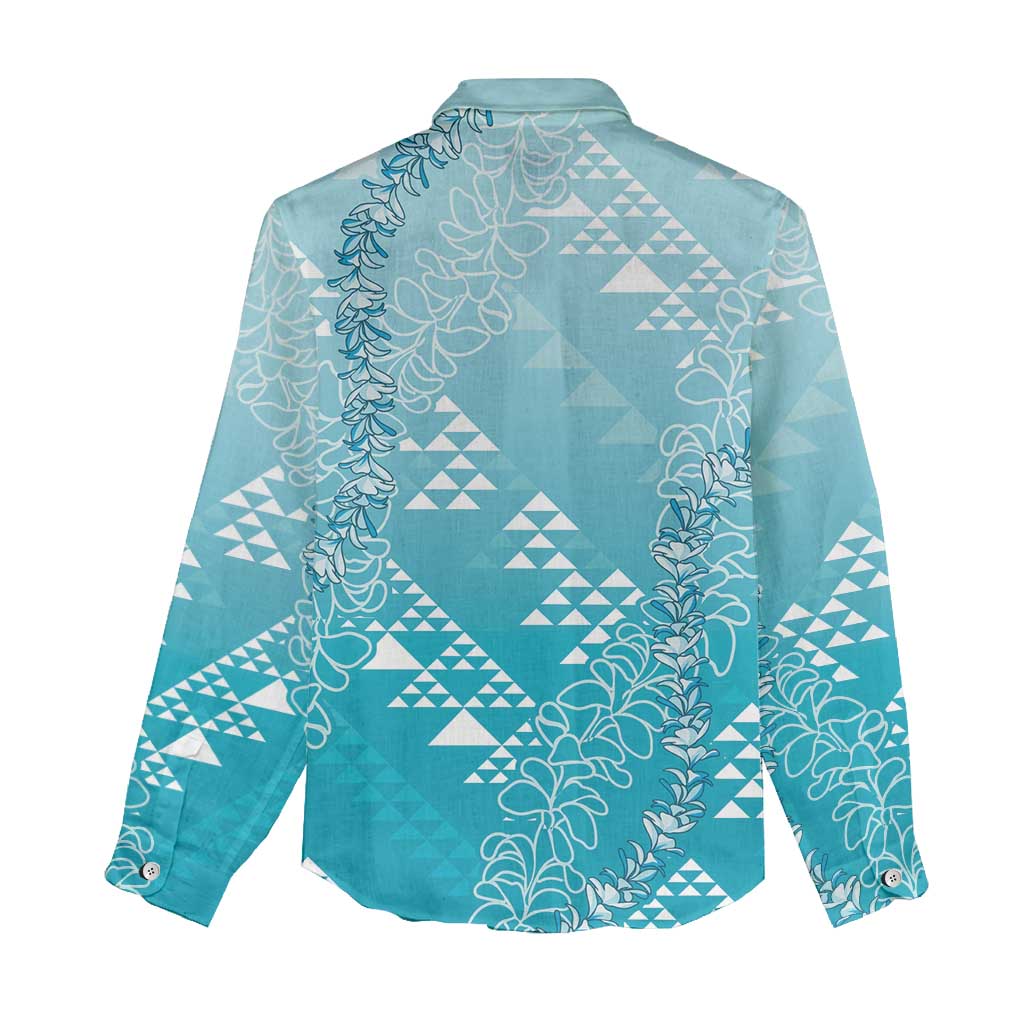 Hawaii Turquoise Kapa Women Casual Shirt Vintage 'Ohe Kāpala Motifs Mix Plumeria Leis LT7 - Polynesian Pride