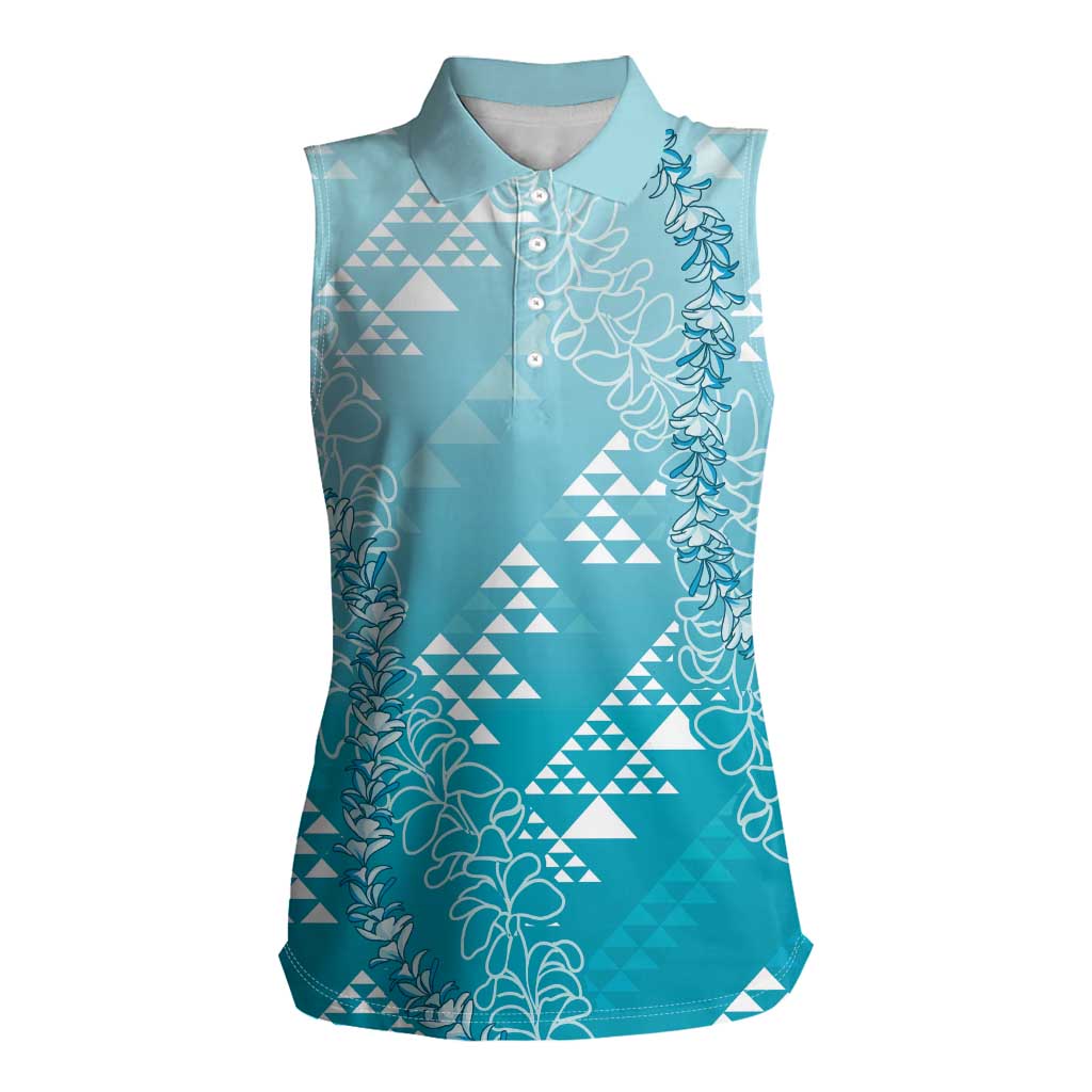 Hawaii Turquoise Kapa Women Sleeveless Polo Shirt Vintage 'Ohe Kāpala Motifs Mix Plumeria Leis LT7 Female Turquoise - Polynesian Pride