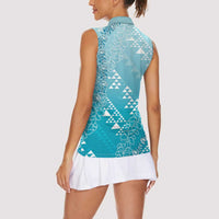 Hawaii Turquoise Kapa Women Sleeveless Polo Shirt Vintage 'Ohe Kāpala Motifs Mix Plumeria Leis LT7 - Polynesian Pride