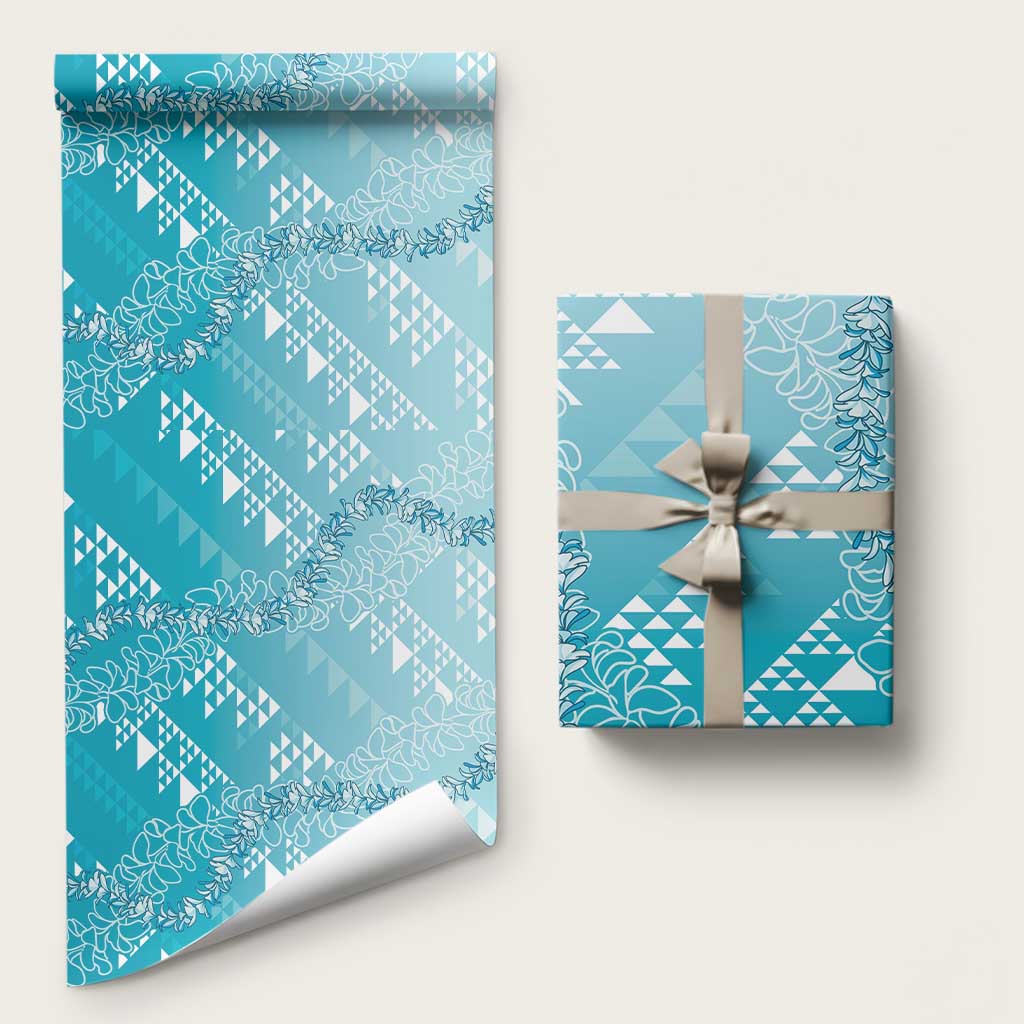 Hawaii Kapa Vintage Motifs Mix Plumeria Leis Wrapping Paper Turquoise LT7 58" × 23" Turquoise - Polynesian Pride