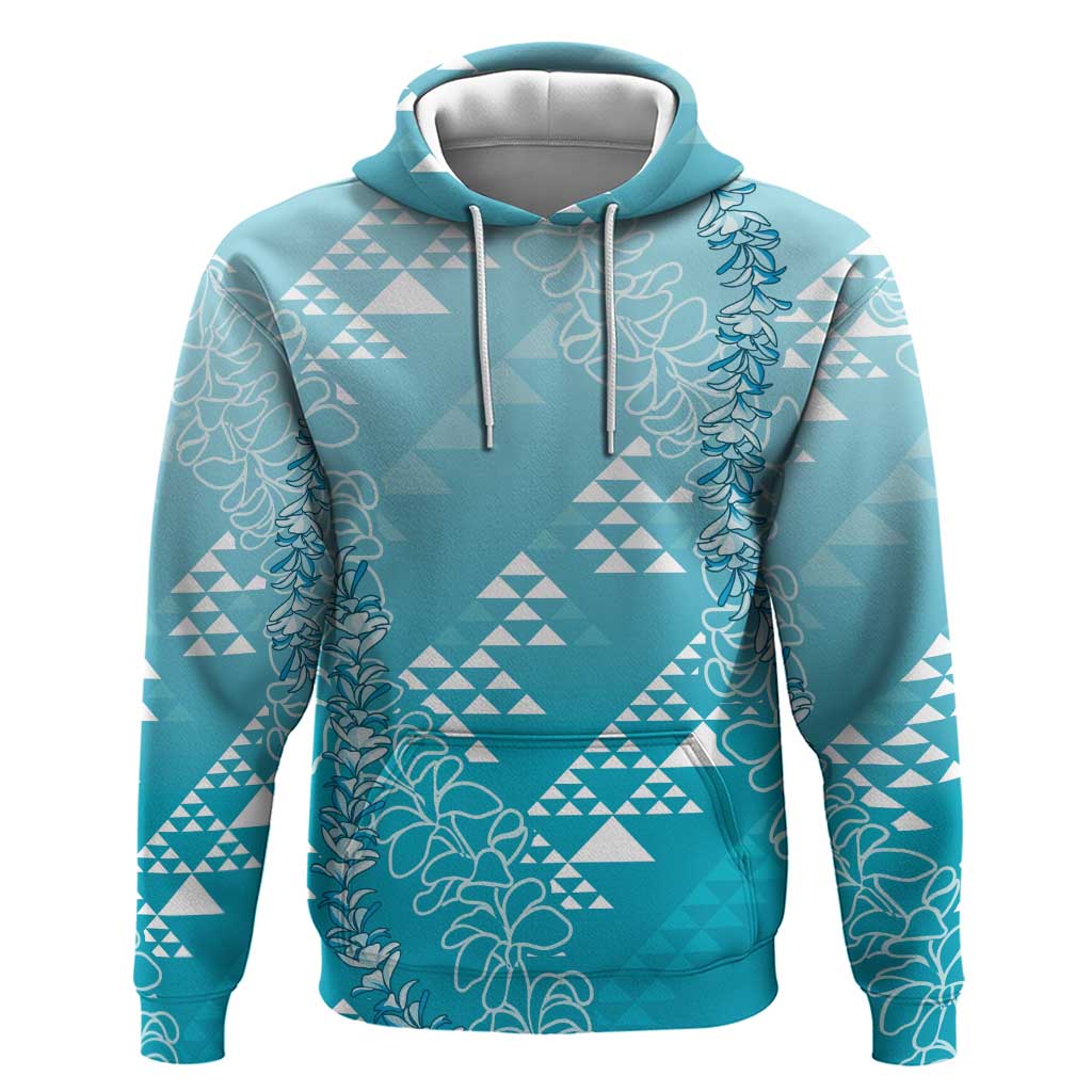 Hawaii Turquoise Kapa Zip Hoodie Vintage 'Ohe Kāpala Motifs Mix Plumeria Leis LT7 Pullover Hoodie Turquoise - Polynesian Pride