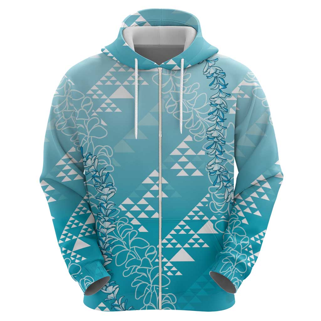 Hawaii Turquoise Kapa Zip Hoodie Vintage 'Ohe Kāpala Motifs Mix Plumeria Leis LT7 - Polynesian Pride