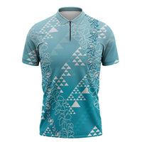 Hawaii Turquoise Kapa Zipper Polo Shirt Vintage 'Ohe Kāpala Motifs Mix Plumeria Leis LT7 Turquoise - Polynesian Pride