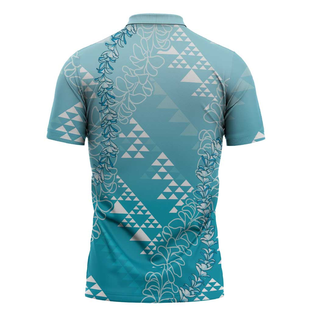 Hawaii Turquoise Kapa Zipper Polo Shirt Vintage 'Ohe Kāpala Motifs Mix Plumeria Leis LT7 - Polynesian Pride