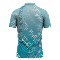 Hawaii Turquoise Kapa Zipper Polo Shirt Vintage 'Ohe Kāpala Motifs Mix Plumeria Leis LT7 - Polynesian Pride