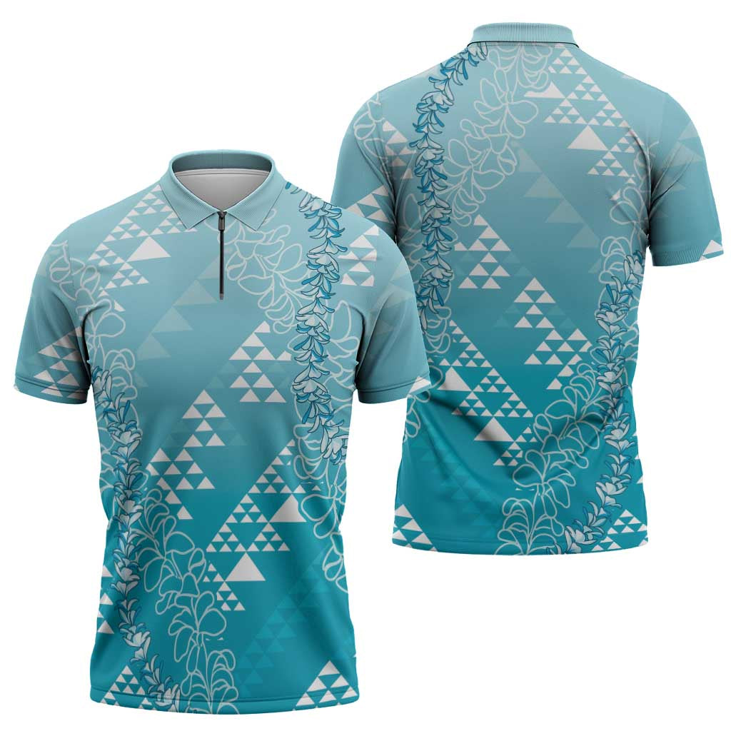 Hawaii Turquoise Kapa Zipper Polo Shirt Vintage 'Ohe Kāpala Motifs Mix Plumeria Leis LT7 - Polynesian Pride