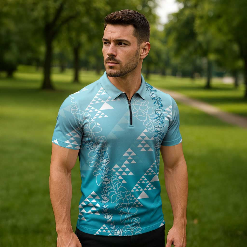 Hawaii Turquoise Kapa Zipper Polo Shirt Vintage 'Ohe Kāpala Motifs Mix Plumeria Leis LT7 - Polynesian Pride