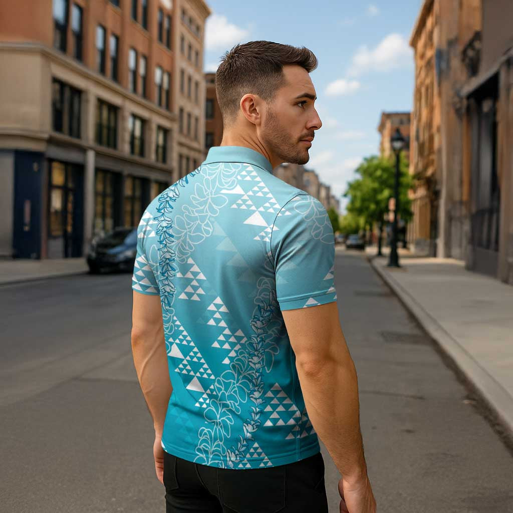 Hawaii Turquoise Kapa Zipper Polo Shirt Vintage 'Ohe Kāpala Motifs Mix Plumeria Leis LT7 - Polynesian Pride