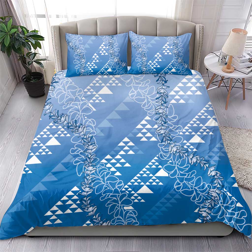 Hawaii Royal Blue Kapa Bedding Set Vintage 'Ohe Kāpala Motifs Mix Plumeria Leis LT7 - Polynesian Pride