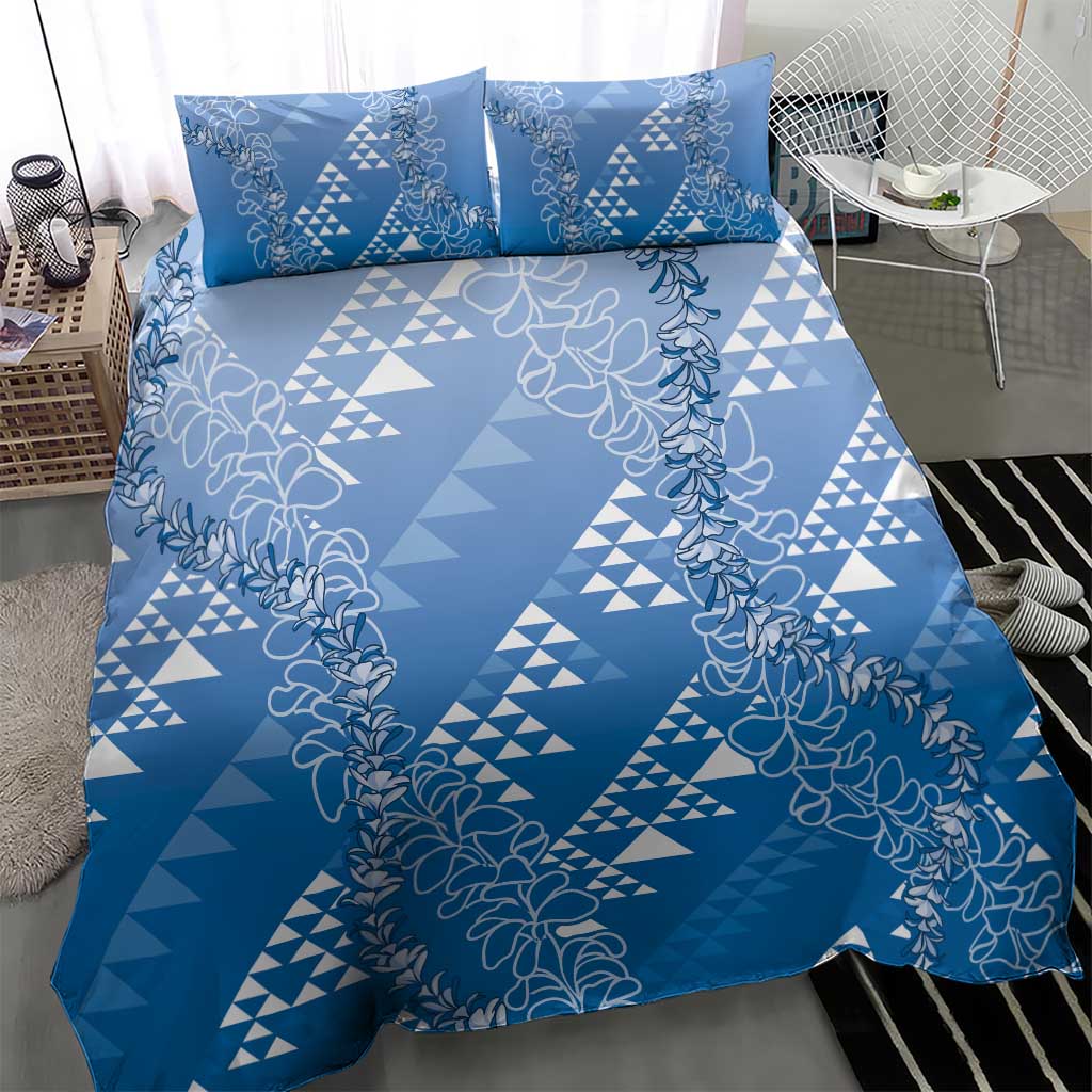 Hawaii Royal Blue Kapa Bedding Set Vintage 'Ohe Kāpala Motifs Mix Plumeria Leis LT7 - Polynesian Pride