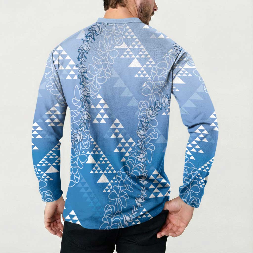 Hawaii Royal Blue Kapa Button Sweatshirt Vintage 'Ohe Kāpala Motifs Mix Plumeria Leis LT7 - Polynesian Pride