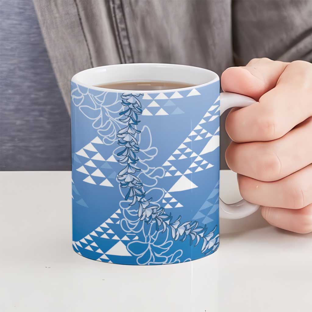 Hawaii Royal Blue Kapa Ceramic Mug Vintage 'Ohe Kāpala Motifs Mix Plumeria Leis