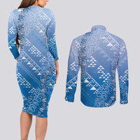 Hawaii Royal Blue Kapa Couples Matching Long Sleeve Bodycon Dress and Long Sleeve Button Shirt Vintage 'Ohe Kāpala Motifs Mix Plumeria Leis LT7 - Polynesian Pride