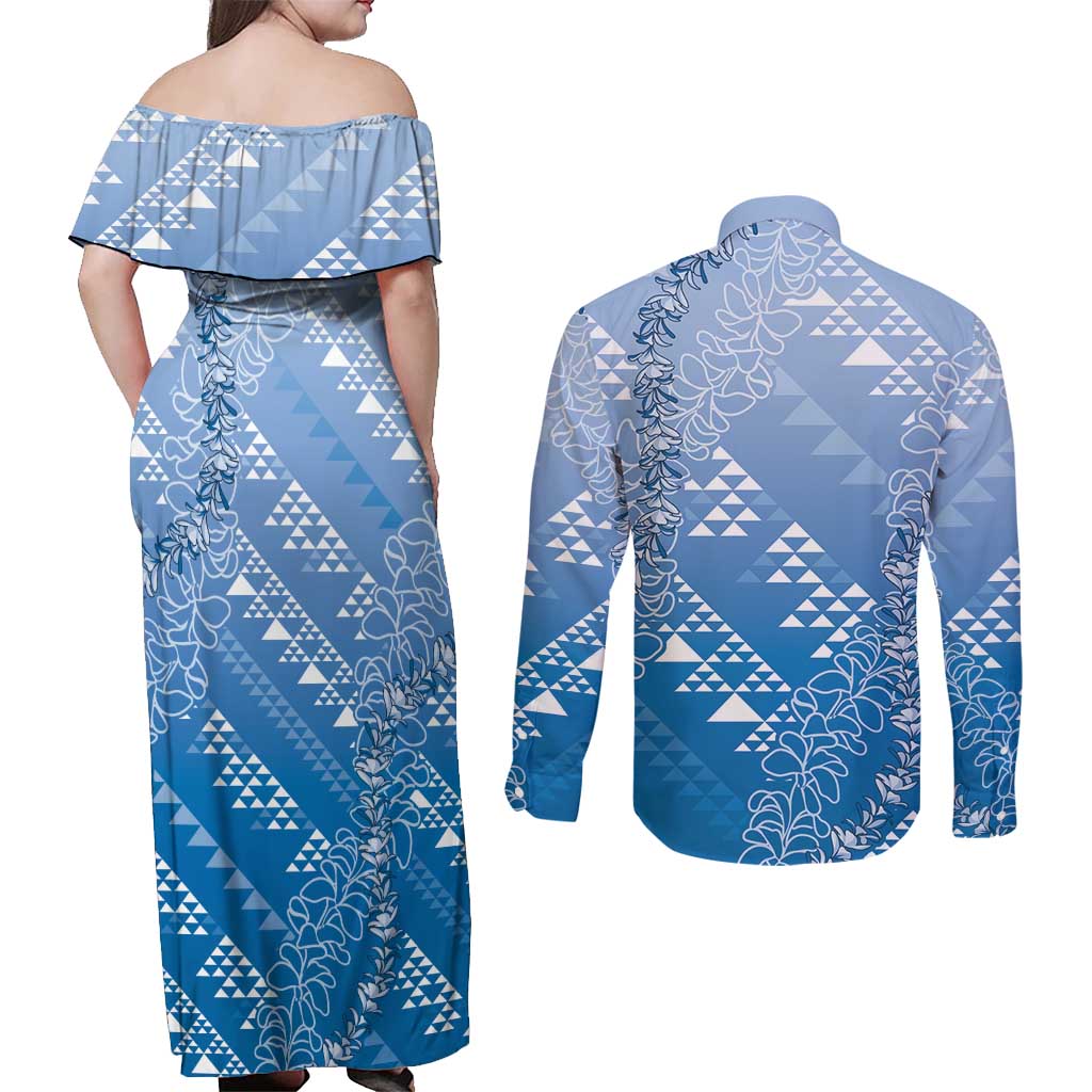 Hawaii Royal Blue Kapa Couples Matching Off Shoulder Maxi Dress and Long Sleeve Button Shirt Vintage 'Ohe Kāpala Motifs Mix Plumeria Leis LT7 - Polynesian Pride