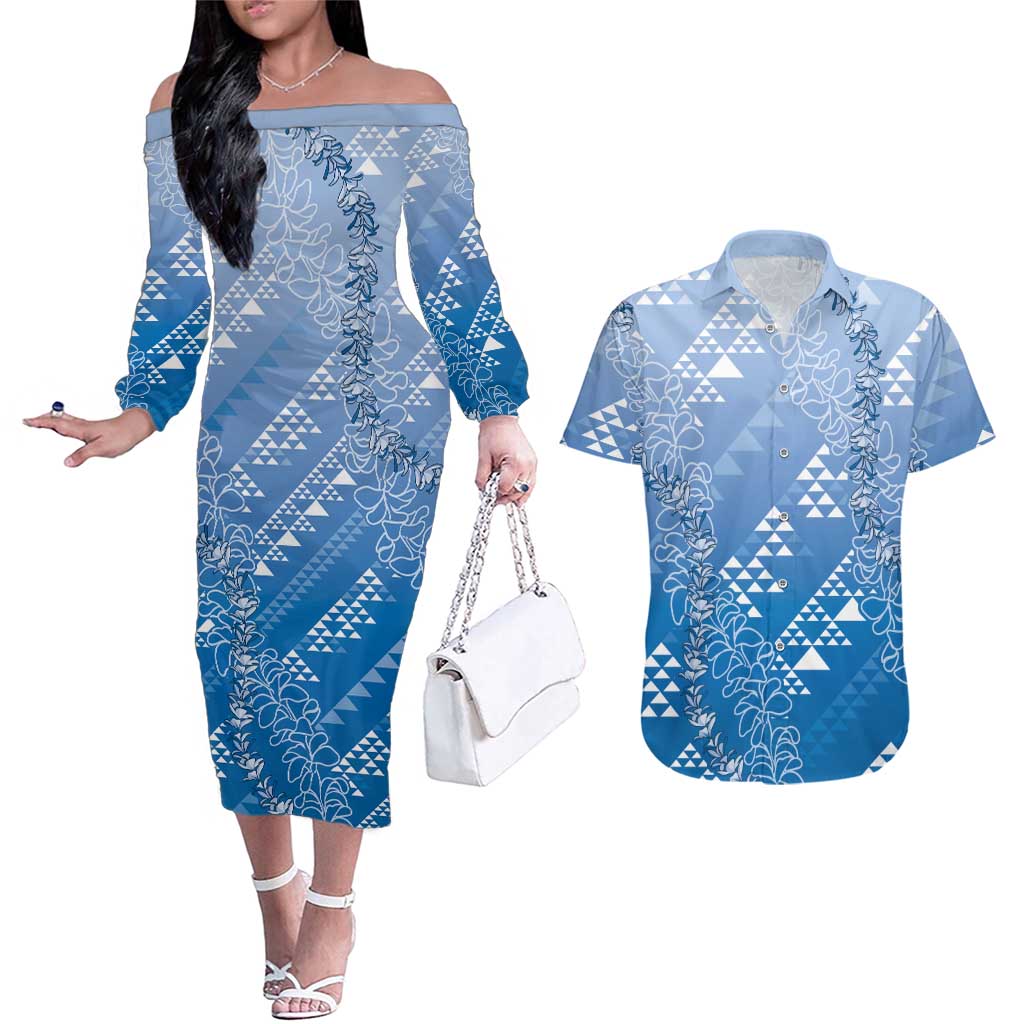 Hawaii Royal Blue Kapa Couples Matching Off The Shoulder Long Sleeve Dress and Hawaiian Shirt Vintage 'Ohe Kāpala Motifs Mix Plumeria Leis