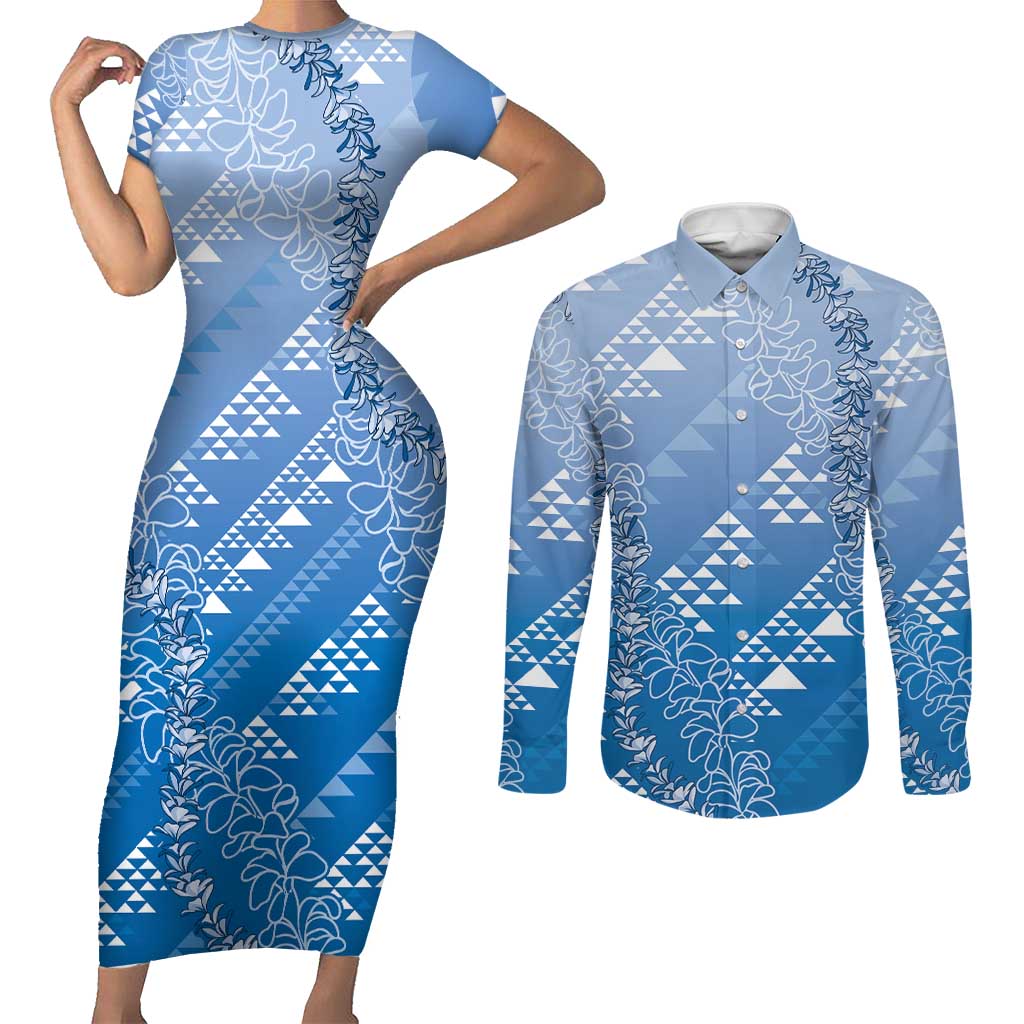 Hawaii Royal Blue Kapa Couples Matching Short Sleeve Bodycon Dress and Long Sleeve Button Shirt Vintage 'Ohe Kāpala Motifs Mix Plumeria Leis LT7 Royal Blue - Polynesian Pride