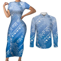 Hawaii Royal Blue Kapa Couples Matching Short Sleeve Bodycon Dress and Long Sleeve Button Shirt Vintage 'Ohe Kāpala Motifs Mix Plumeria Leis LT7 Royal Blue - Polynesian Pride