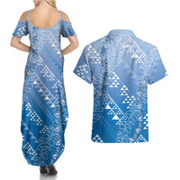Hawaii Royal Blue Kapa Couples Matching Summer Maxi Dress and Hawaiian Shirt Vintage 'Ohe Kāpala Motifs Mix Plumeria Leis LT7 - Polynesian Pride