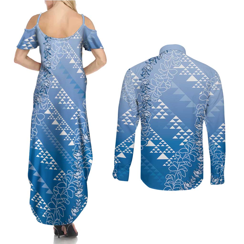 Hawaii Royal Blue Kapa Couples Matching Summer Maxi Dress and Long Sleeve Button Shirt Vintage 'Ohe Kāpala Motifs Mix Plumeria Leis LT7 - Polynesian Pride