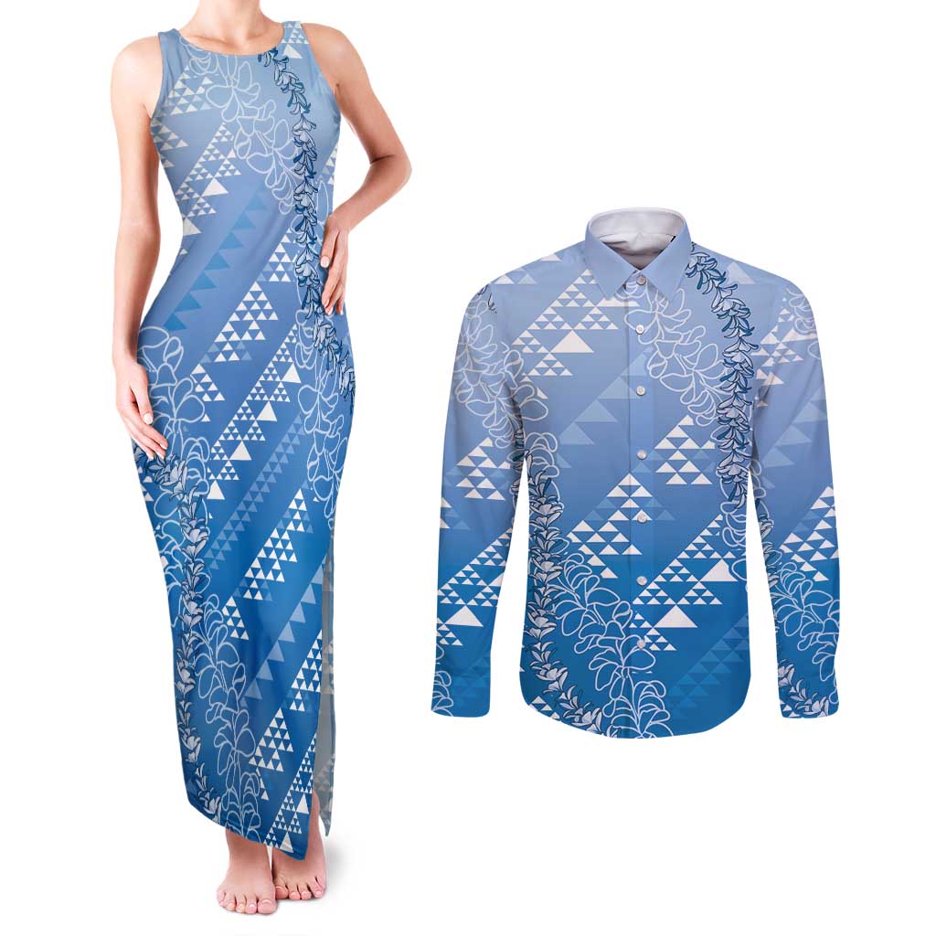Hawaii Royal Blue Kapa Couples Matching Tank Maxi Dress and Long Sleeve Button Shirt Vintage 'Ohe Kāpala Motifs Mix Plumeria Leis LT7 Royal Blue - Polynesian Pride