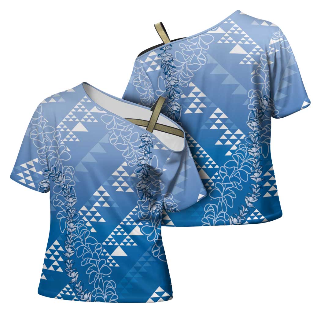 Hawaii Royal Blue Kapa Cross Shoulder Shirt Vintage 'Ohe Kāpala Motifs Mix Plumeria Leis LT7 - Polynesian Pride