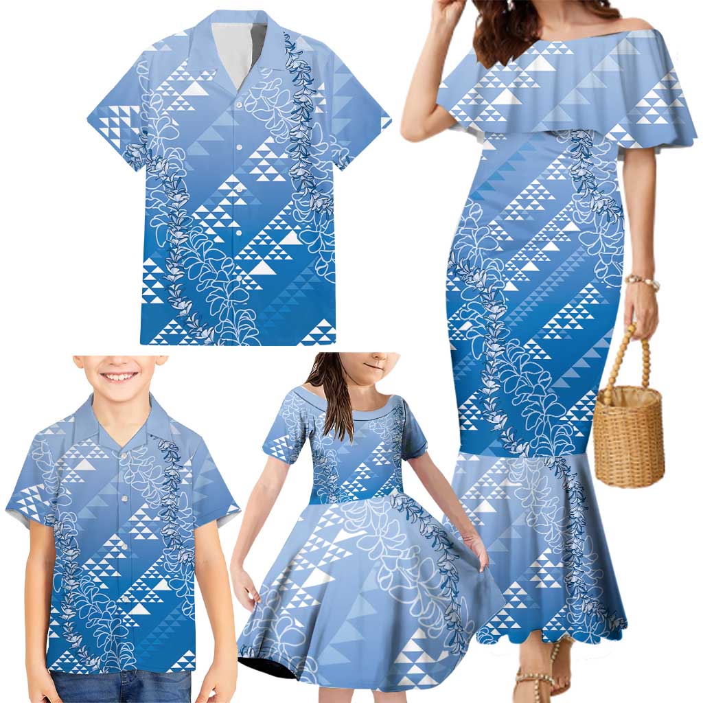 Hawaii Royal Blue Kapa Family Matching Mermaid Dress and Hawaiian Shirt Vintage 'Ohe Kāpala Motifs Mix Plumeria Leis