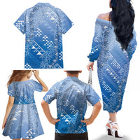 Hawaii Royal Blue Kapa Family Matching Off The Shoulder Long Sleeve Dress and Hawaiian Shirt Vintage 'Ohe Kāpala Motifs Mix Plumeria Leis LT7 - Polynesian Pride