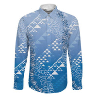 Hawaii Royal Blue Kapa Family Matching Off The Shoulder Long Sleeve Dress and Hawaiian Shirt Vintage 'Ohe Kāpala Motifs Mix Plumeria Leis LT7 Dad's Shirt - Long Sleeve Royal Blue - Polynesian Pride