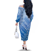 Hawaii Royal Blue Kapa Family Matching Off The Shoulder Long Sleeve Dress and Hawaiian Shirt Vintage 'Ohe Kāpala Motifs Mix Plumeria Leis LT7 - Polynesian Pride