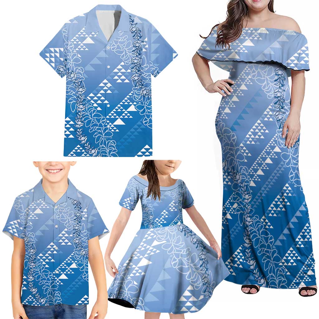 Hawaii Royal Blue Kapa Family Matching Off Shoulder Maxi Dress and Hawaiian Shirt Vintage 'Ohe Kāpala Motifs Mix Plumeria Leis