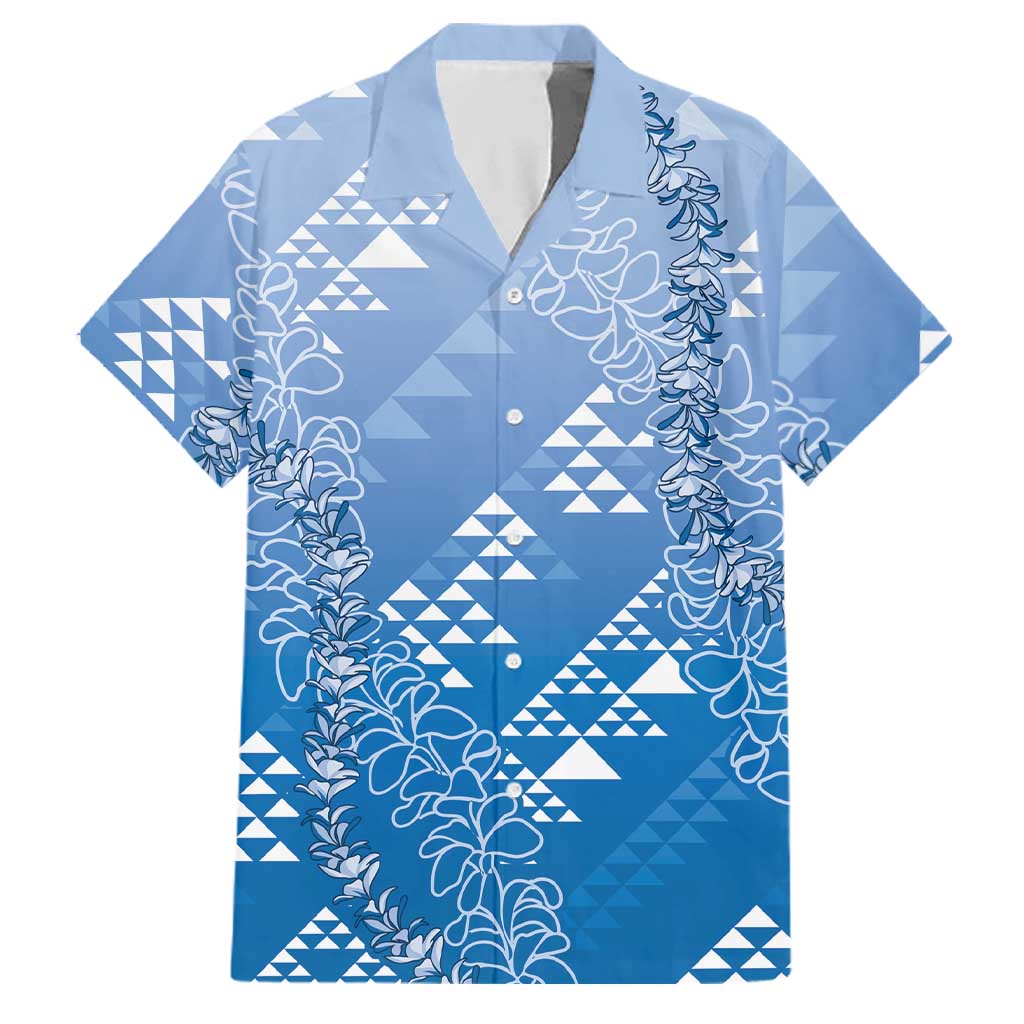Hawaii Royal Blue Kapa Family Matching Short Sleeve Bodycon Dress and Hawaiian Shirt Vintage 'Ohe Kāpala Motifs Mix Plumeria Leis LT7 Dad's Shirt - Short Sleeve Royal Blue - Polynesian Pride