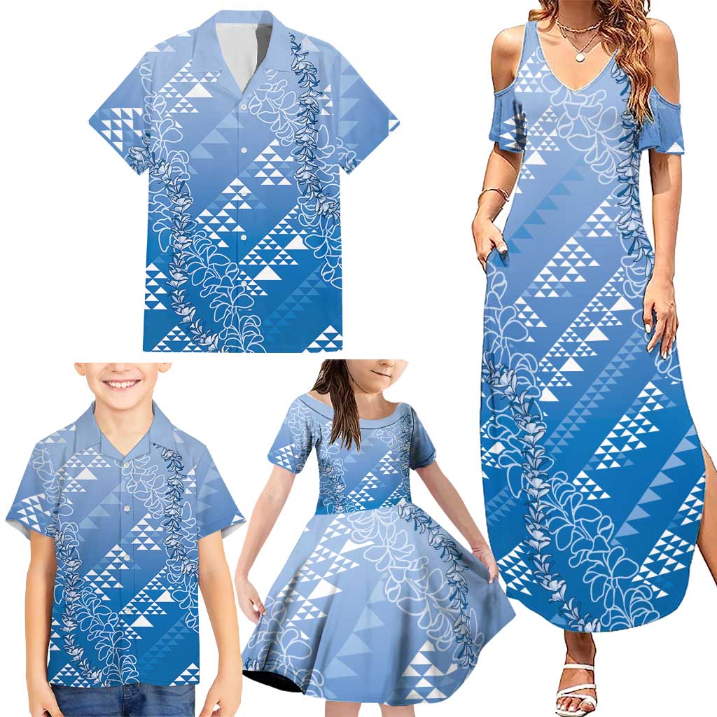 Hawaii Royal Blue Kapa Family Matching Summer Maxi Dress and Hawaiian Shirt Vintage 'Ohe Kāpala Motifs Mix Plumeria Leis