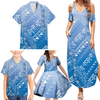 Hawaii Royal Blue Kapa Family Matching Summer Maxi Dress and Hawaiian Shirt Vintage 'Ohe Kāpala Motifs Mix Plumeria Leis LT7 - Polynesian Pride