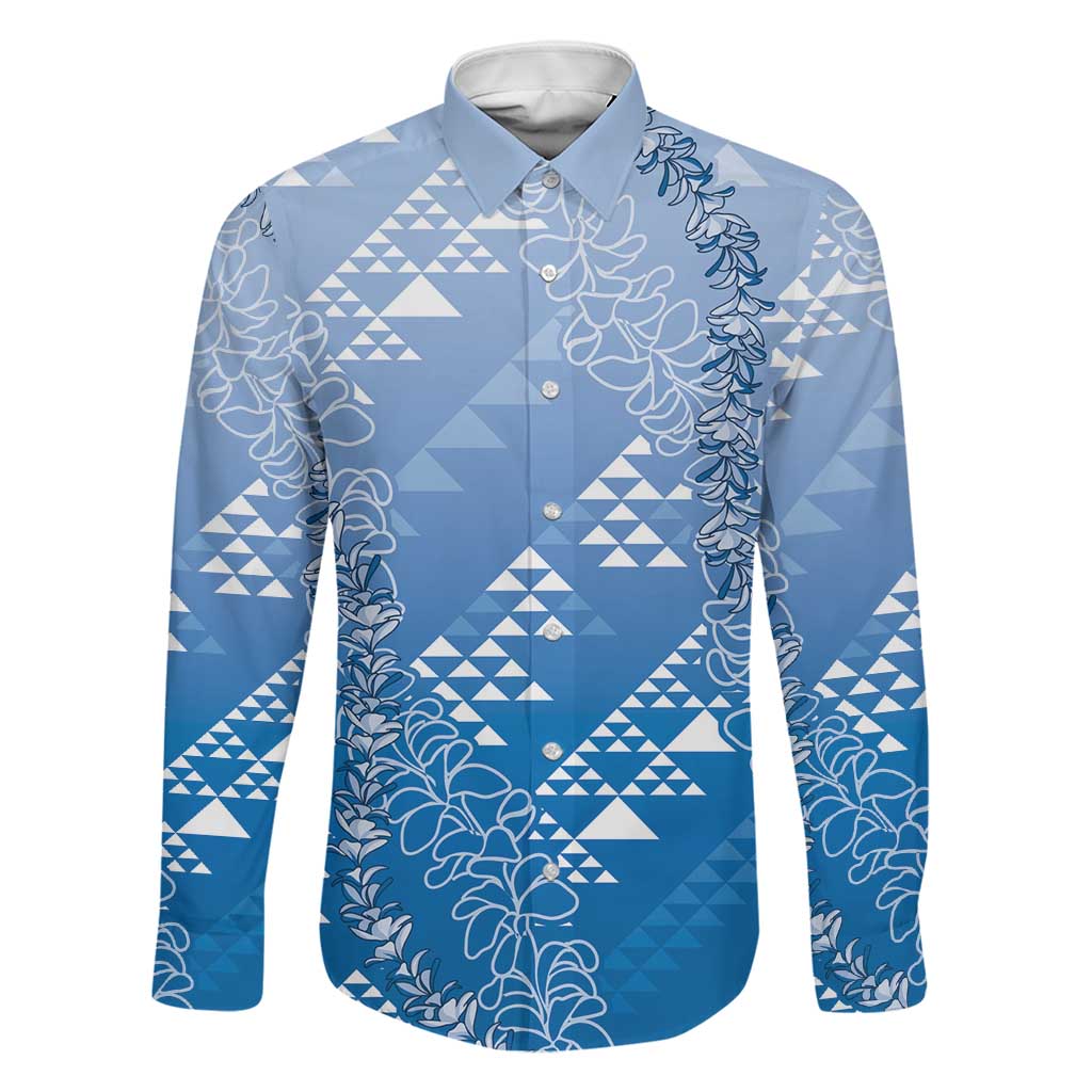 Hawaii Royal Blue Kapa Family Matching Summer Maxi Dress and Hawaiian Shirt Vintage 'Ohe Kāpala Motifs Mix Plumeria Leis LT7 Dad's Shirt - Long Sleeve Royal Blue - Polynesian Pride