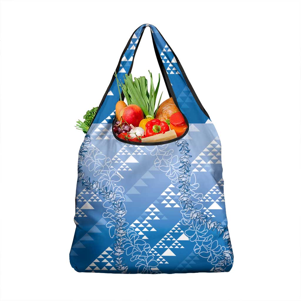 Hawaii Royal Blue Kapa Grocery Bag Vintage 'Ohe Kāpala Motifs Mix Plumeria Leis