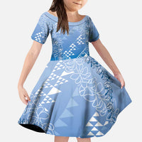 Hawaii Royal Blue Kapa Kid Short Sleeve Dress Vintage 'Ohe Kāpala Motifs Mix Plumeria Leis LT7 KID Royal Blue - Polynesian Pride
